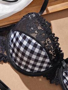 Eraneu 2pcs Plaid & Lace Patchwork Lingerie Set, Fashionable - Black and White - View 8