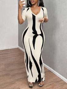 Zyxie Women's Sexy Casual Fitted Floral Print Long Dress, Summer Vacation Black And White Club Night - Apricot - View 6