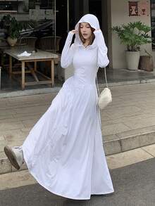DAZY 女士长款连帽罩衫，休闲甜美文艺风，宽松版型，适合春、夏、秋季、海滩、度假穿着，轻便户外长袖外套 - 白色 - 查看 5