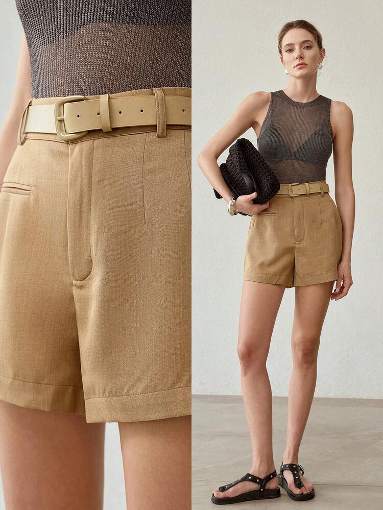 WOMEN'S CASUAL KHAKI STRAIGHT LEG SHORTS, FASHION WAISTBAND DECOR VERSATILE SLIMMING SUMMER SHORTS