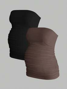 Modmama Maternity Summer Casual Solid Color Elastic Pleated Tube Top Tops For Pregnant Ruched Women Tummy Control Shapewear - Coffee Brown - View 3