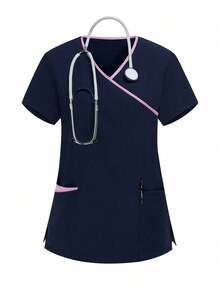 TaskEZ Solid Color Patchwork V-Neck Short Sleeve Top And Pants Scrub Uniform Set - Navy Blue - View 3
