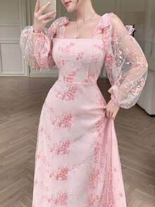 Modelyn Women's French Style Sweet & Ethereal Pink Mesh Tie-Up Dress,Pink Floral,Summer,Elegant,Tea Party Luxury Lace Rococo Vintage Gown - Pink - View 4