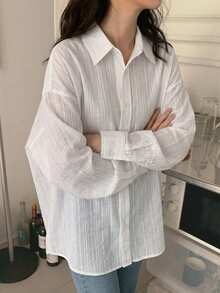 DAZY 女士休闲前开襟宽松衬衫，适合春季穿着 - 白色 - 查看 5
