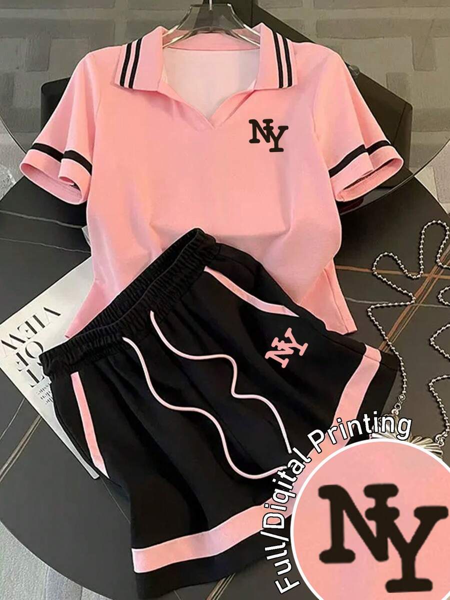 Resyla 女款時尚休閒黑白拼色 Logo Polo 領短袖上衣 + 休閒短褲套裝 - 粉色 - 查看 1