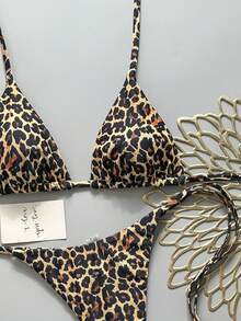 SHEIN Swim Vcay Women's Sexy Leopard Print Halter Tie Bikini Set For Beach Vacation - Multicolor - View 4