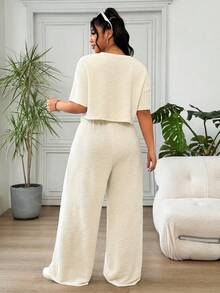 Solflare Plus Size Beige Round Neck Short Sleeve Top And Drawstring Waist Long Pants Casual 2 Pieces Set - Beige - View 2