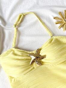 SHEIN 少女度假风纯色黄色针织面料海星装饰挂脖式泳衣沙滩连体泳装度假装 - 黃色 - 查看 4