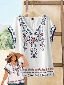 Rusticease Plus Size Women Placement Print Shirt,Summer Outfits For Women Blouse For Women Casual Zanzea Blouses For Women Blouses For Women New Clothes For Ladies Discount Tops For Ladies Casual Women's Tops Blouses For Women New T Shirt Latest Tops For Women New Arrivals Tops For Ladies Casual Discount Cowgirl Tops For Women Zipper Top - White - View 1