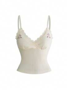 ROMWE Y2K Sexy V-Neck Lace Trim Embroidered Front Women's Camisole, Spring/Summer - Apricot - View 1