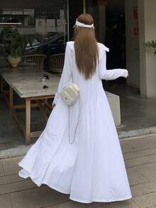 DAZY 女士长款连帽罩衫，休闲甜美文艺风，宽松版型，适合春、夏、秋季、海滩、度假穿着，轻便户外长袖外套 - 白色 - 查看 9