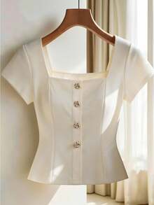 Franclia Blusa casual de manga corta, cuello cuadrado, unicolor, abotonada, para uso diario, talla grande, verano - Albaricoque - Ver 7