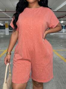Slaydiva Burnt Orange Summer Plus Size Women Jumpers And Rompers,Smart Casual Elegant Minimalist Casual Resort Streetwear,Daily Wear Cruise Travel Hiking,Beach - Orange - View 4