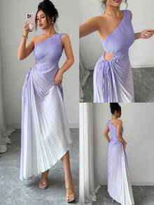 Modelyn Yellow Sleeveless Asymmetric Neck Pleated Ombre Dress For Women - Purple - View 5