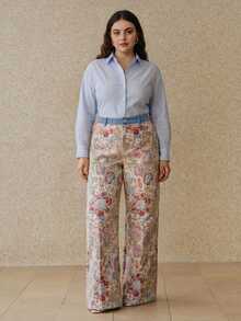 Anewsta 春夏复古宫廷提花通勤休闲高腰阔腿拼接提花大码女式长裤 - 彩色 - 查看 3