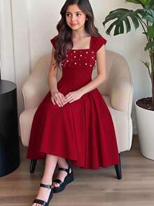 SHEIN 少女優雅珠飾無袖寬肩帶抓皺喇叭長洋裝，紅色夏季度假度假派對正式禮服，方領中長裙 - 紅色 - 查看 9