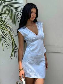 女士花卉蕾丝边衬衫和迷你裙时尚约会套装，浅蓝色 - 淺藍色 - 查看 5