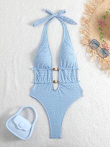 Swim SXY 纯色特殊面料挂脖抽绳高衩连体泳衣 - 藍色 - View 7