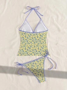Swim Mod 女士夏季度假休闲沙滩装碎花两件套，包括吊带背心、系带比基尼上衣和条纹系带泳衣 - 黃色 - 查看 2