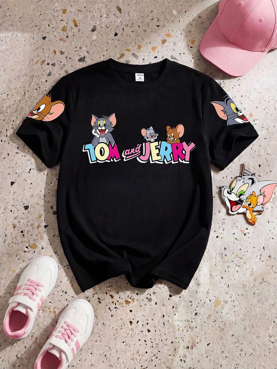 TOM & JERRY X SHEIN GraphicGems 青少年女孩黑色圓領全印花卡通字母短袖T恤,適合學校、夏季外出 - 黑色 - 查看 1