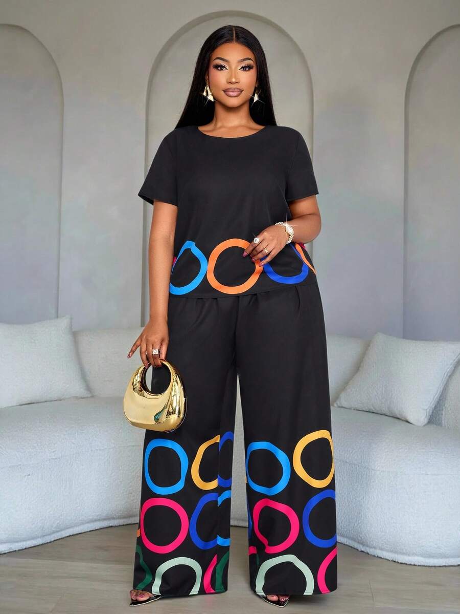 SOLERSUN Plus Size Women's Spring/Summer Fashion Circular Pattern Positioning Print Round Neck Short-Sleeved Loose Casual Blouse Paired With Wide-Leg Pants Two-Pieces Set, St. Patrick's Day, Easter, Music Festival - Black - View 1