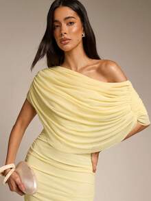 Women's Elegant Asymmetric Ruched Draped Neck Mesh Fitted Dress, Suitable For Spring/Summer, Garden Party, Date, Valentine's Day, Wedding Guest, Beach Vacation - Yellow - View 4