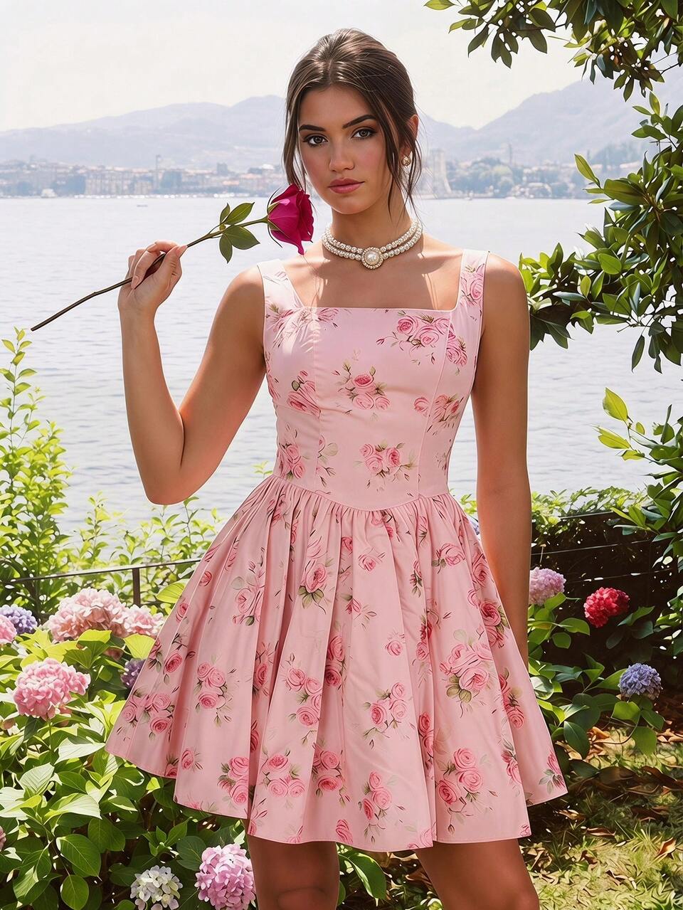 Enchnt Women's Blush Pink Floral Print Square Neck Camisole A-Line Mini Dress, Cottage Core Summer Tea Party Sweet&Elegant Vacation Outfit