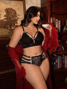 Divavoom 2pcs Set Bra Tanpa Kawat Motif Renda Patchwork Ukuran Plus - Hitam - View 7