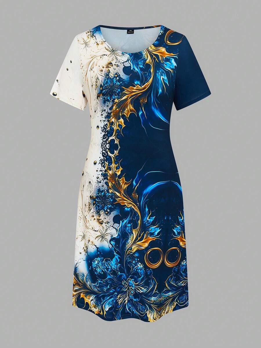 EMERY ROSE Round Neck Short Sleeve Plus Size Dress, Suitable For Spring, Summer, Autumn - Multicolor - View 1