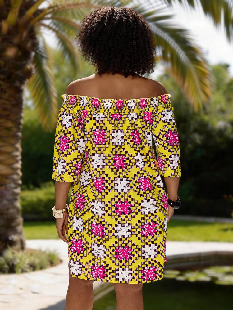 Plus Size Women Off-Shoulder All-Over Print Casual Party Dress Summer Summer Outfit For Women Festival Outfits For Women Beach Outfits For Women Vacation Outfits Women Holiday Outfits  For Women Country