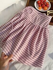 Comfortcana Conjunto de 2 piezas de camiseta de manga corta a rayas y minifalda casual y colorida, para primavera/verano - Multicolor - Ver 8