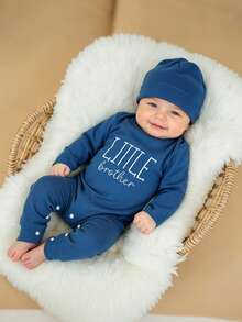 SHEIN Set de 2 piezas Conjunto de ropa para fotografía de recién nacido niño. Incluye body con bordado de "Little Brother" para salida del hospital y regalo de baby shower para bebé de 1 a 3 meses. Accesorios para sesión de fotos de bebé. - Azul - Ver 4