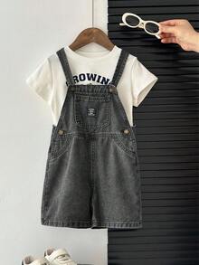 SHEIN Young BoyFitted Blue Denim Bib Shorts - Black - View 4