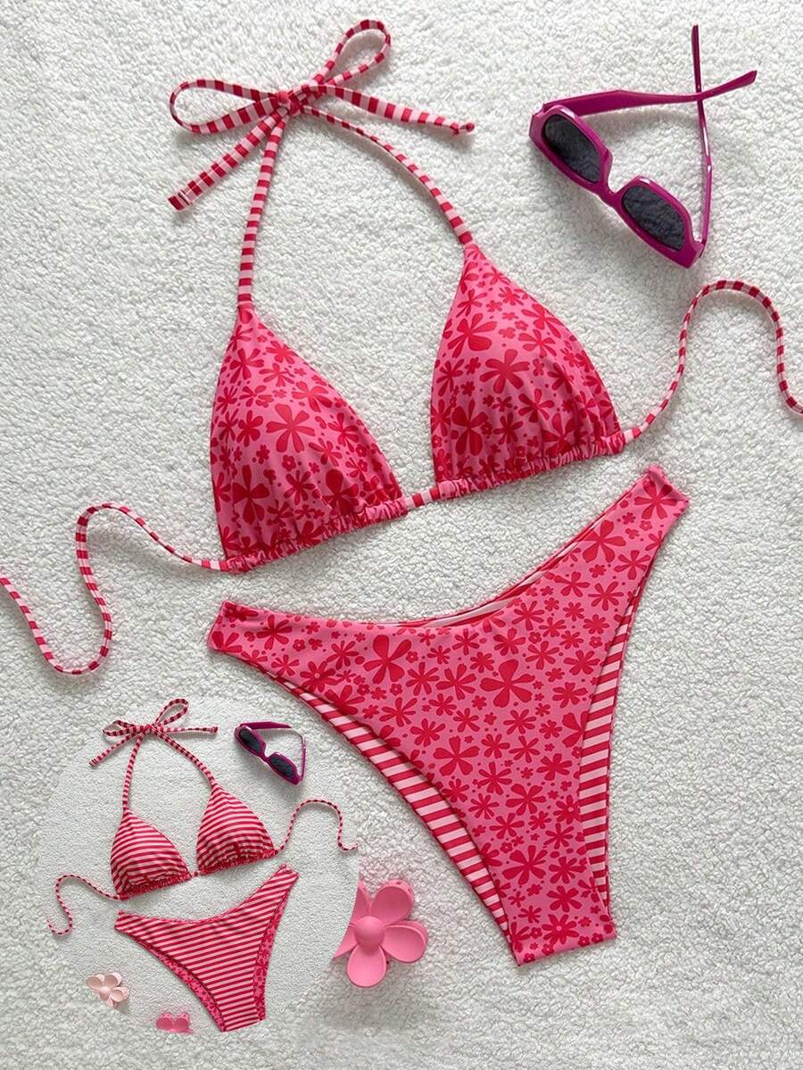 Swim Mod 2026 New Spring/Summer Women 2pcs Swimwear Set, Random Floral Print, Beach Holiday Elegant Casual Swimwear - Red - View 1