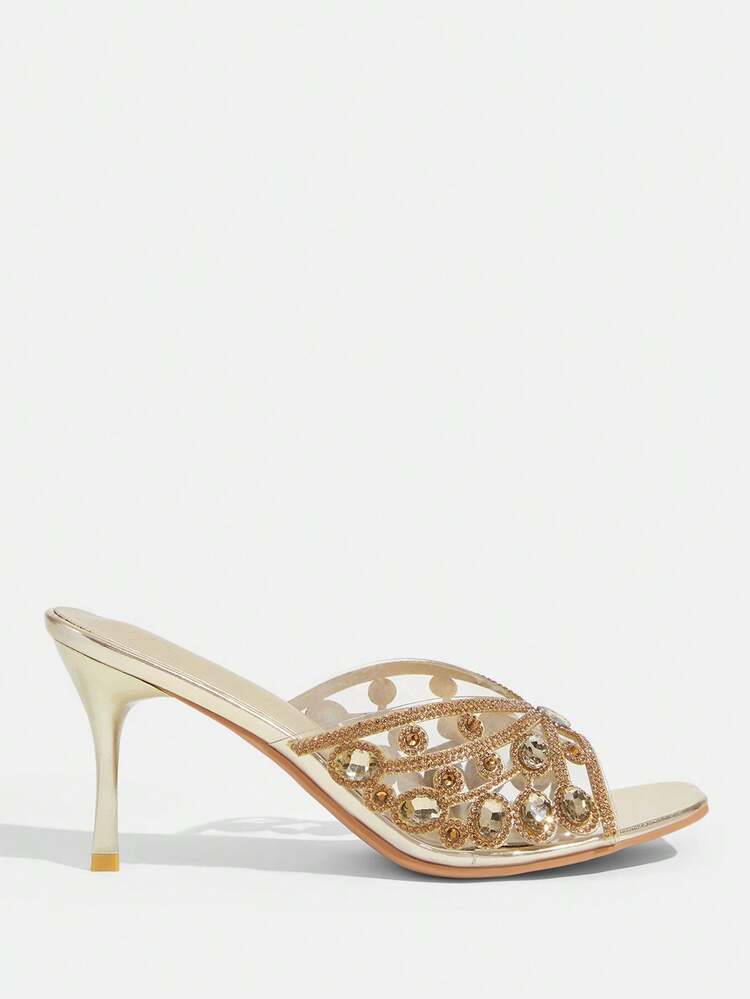 CUCCOO TILAWA Ladies Fashion Square Toe Transparent TPU Rhinestones Sexy Evening Party Party Style Simple Backspace Stiletto High Heel Sandals