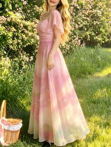 Modelyn Vestido con estampado de arte fluido degradado de morado-rosa y verde, diseño de cuello cuadrado con mangas con volantes, cintura ceñida, vestido largo y elegante, adecuado para vacaciones de verano y uso diario - Multicolor - Ver 7