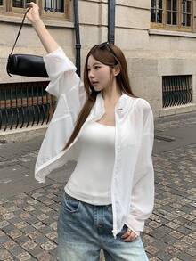 DAZY 女士休闲连帽宽松轻薄长袖外套，甜美文艺风，适合春、夏、秋季、海滩、度假、街头时尚 - 白色 - 查看 9