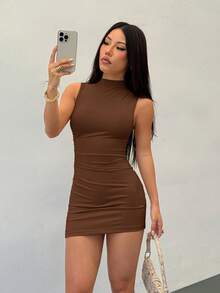 SHEIN PETITE 女款新款純色立領迷你洋裝，夏季女裝，棕色系夏夜女裙，適合嬌小女性 - 棕色 - 查看 6
