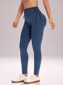 Sovereign Charm Quần yoga thể thao xếp ly buộc dây đa năng tối giản dành cho nữ. - Màu xanh bụi bặm - Xem 4
