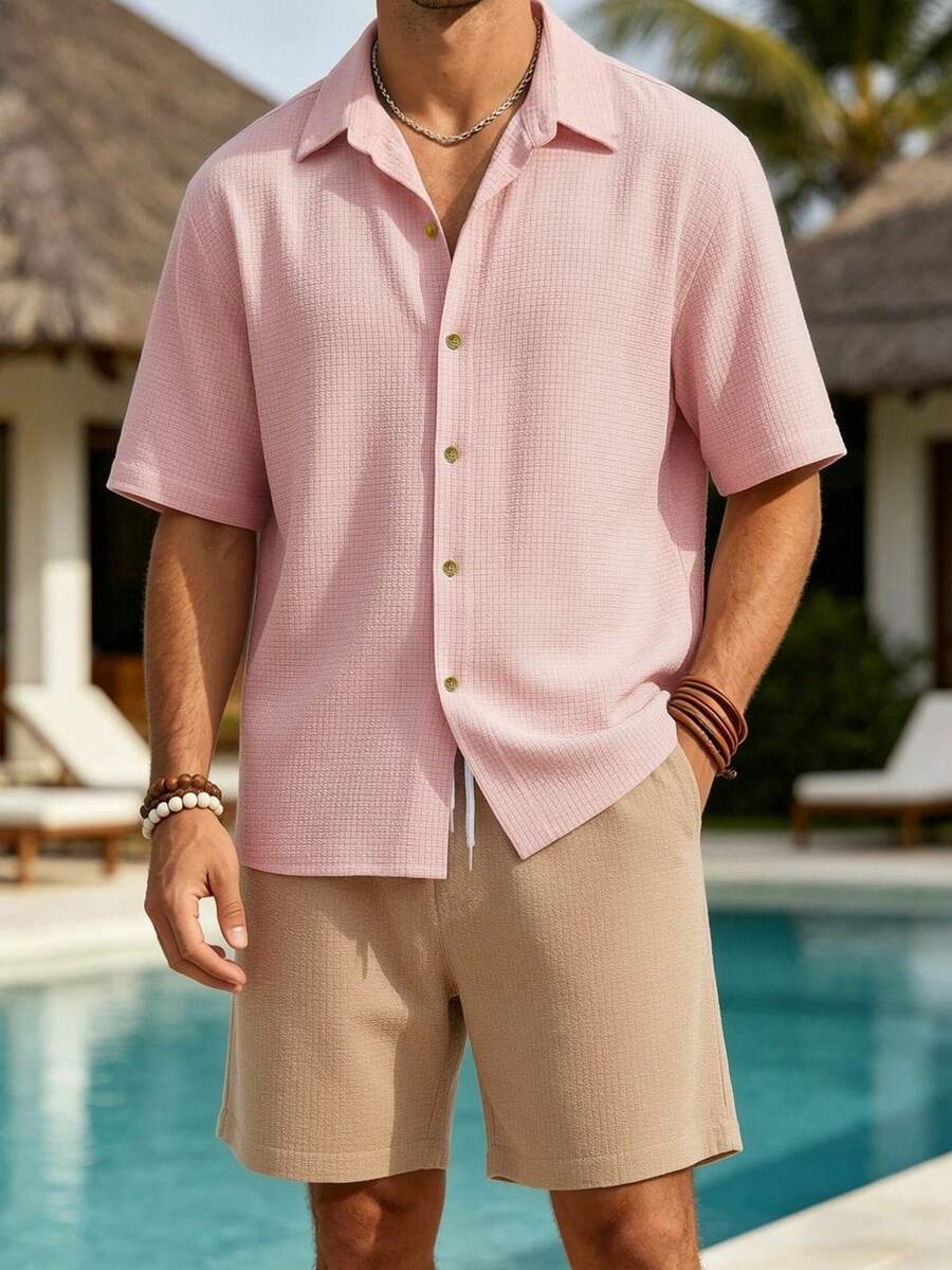 Manfinity RSRT Conjunto de camisa de manga corta casual de vacaciones para hombres - Rosa Pálido - Ver 1