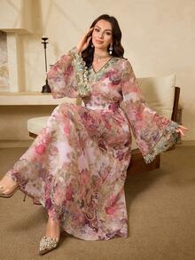 Al Najma Women's Floral V-Neck Flare Sleeve Elegant Arabic Style Dress - Watermelon Pink - View 7