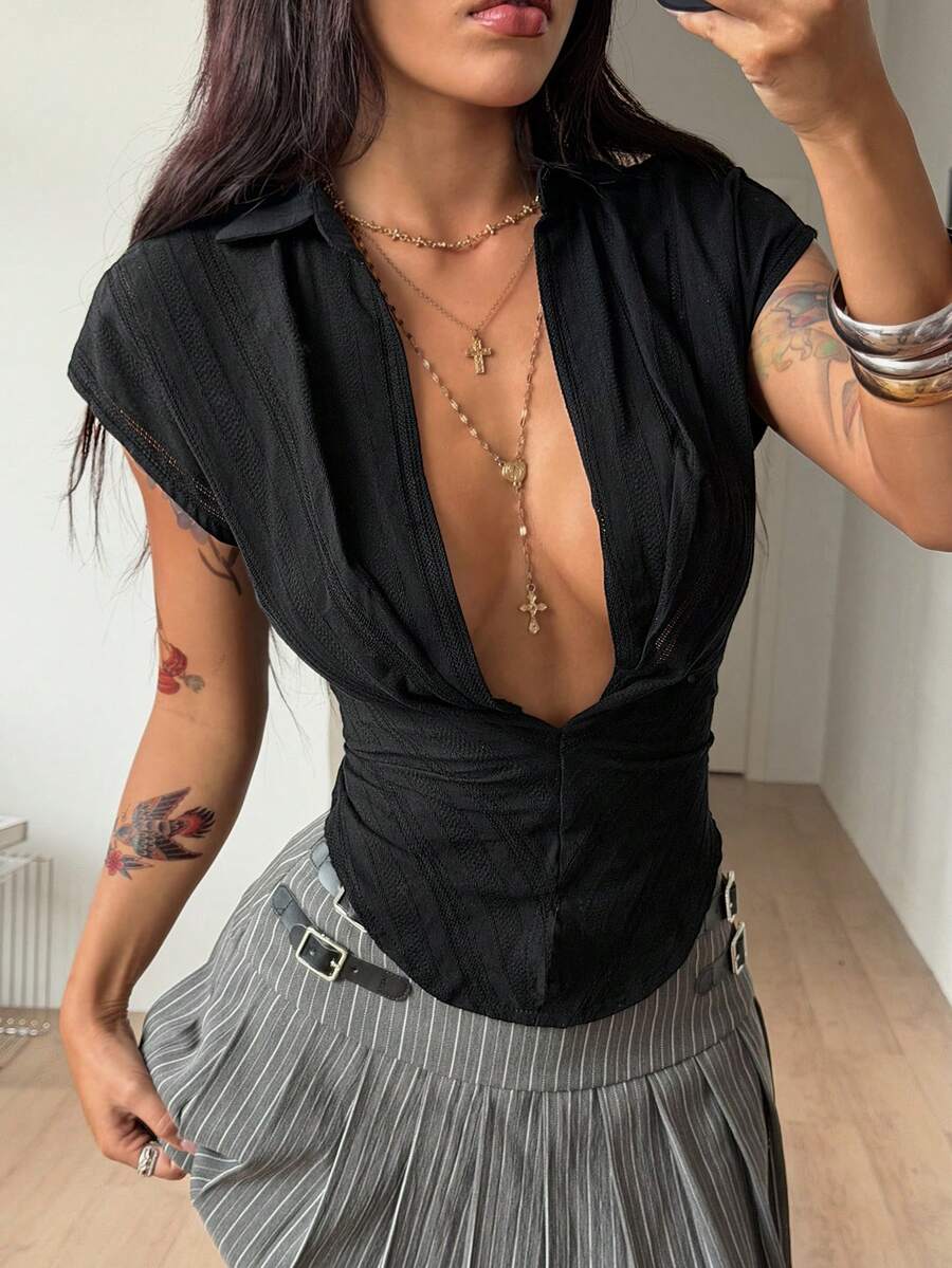 Coolane Áo sơ mi ngắn tay cổ chữ V ve lật kẻ caro dành cho nữ, phong cách đường phố mùa xuân sành điệu Y2K, trang phục thường ngày đi học, dự tiệc hòa nhạc. - màu đen - Xem 1