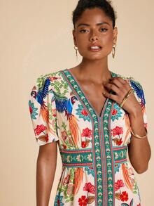 SHEIN TRVLCHIC 热带印花度假风V领短袖夏季连衣裙 - 彩色 - 查看 7
