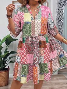 EMERY ROSE Đầm ngắn dáng chữ A rộng rãi, cổ chữ V tay phồng, in hoa dành cho nữ cỡ lớn, thích hợp cho mùa hè, lễ Phục sinh, phong cách đồng quê, boho. - Hồng - Xem 6
