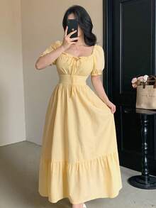 DAZY Vestido midi con tirantes de lazo, estilo casual de vacaciones para mujeres, adecuado para vestidos de verano primaverales y estivales - Amarillo - Ver 10