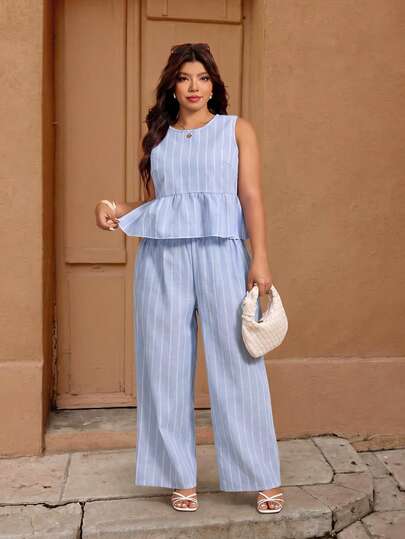 Elaquor Plus Size Women Striped Ruffle Hem Sleeveless Shirt And Pants Casual 2 Pieces Set