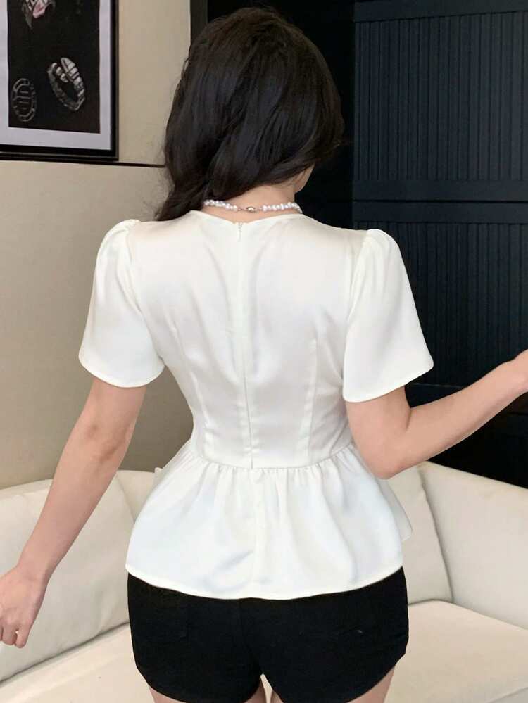 New Arrival Spring/Summer Pleated Woven Solid Color Elegant Commuter Versatile Fitted Women Blouse
