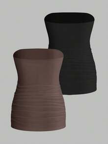 Modmama Maternity Summer Casual Solid Color Elastic Pleated Tube Top Tops For Pregnant Ruched Women Tummy Control Shapewear - Coffee Brown - View 2