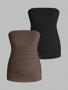 Modmama Maternity Summer Casual Solid Color Elastic Pleated Tube Top Tops For Pregnant Ruched Women Tummy Control Shapewear - Coffee Brown - View 12