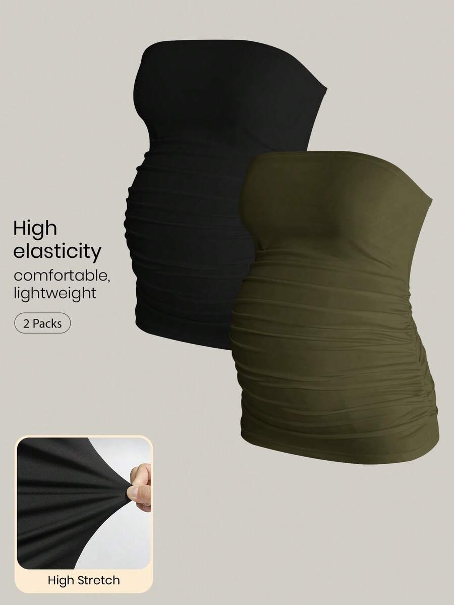 Modmama 2 piezas Camisetas de tirantes plisadas de unicolor, cómodas y ligeras, para embarazadas, de estilo casual y minimalista para uso diario - Verde militar - Ver 1